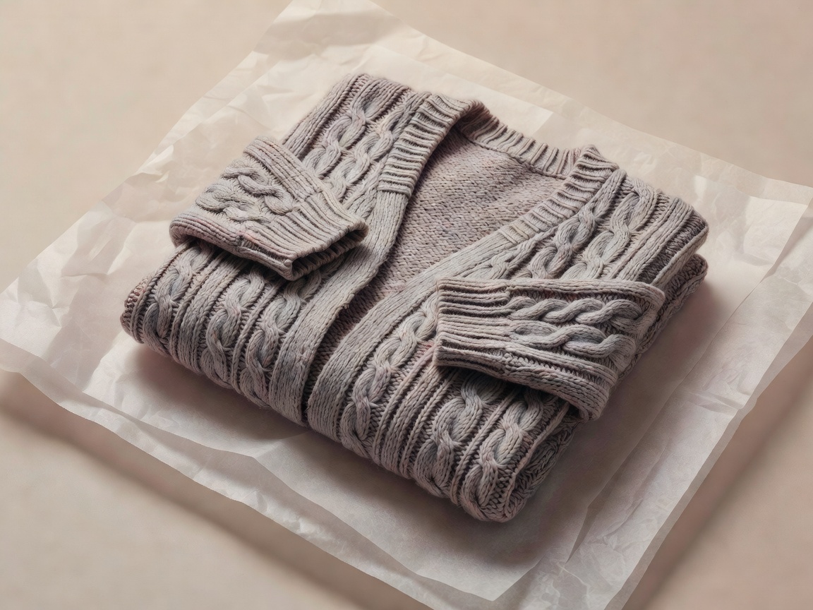 Soft-lit 3D render of a folded knit cardigan padded with acid-free tissue in a storage box