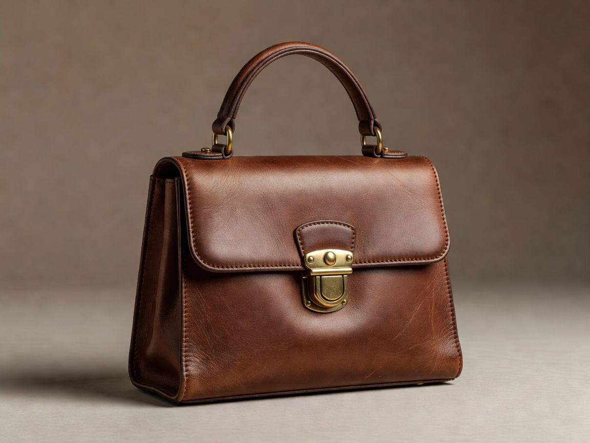 Soft-lit 3D render of a structured vintage leather top-handle handbag with a brass clasp