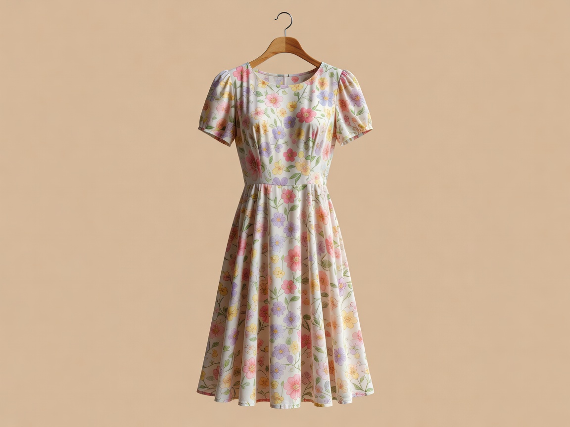 Soft-lit 3D render of a floral tea dress hanging on a wooden hanger
