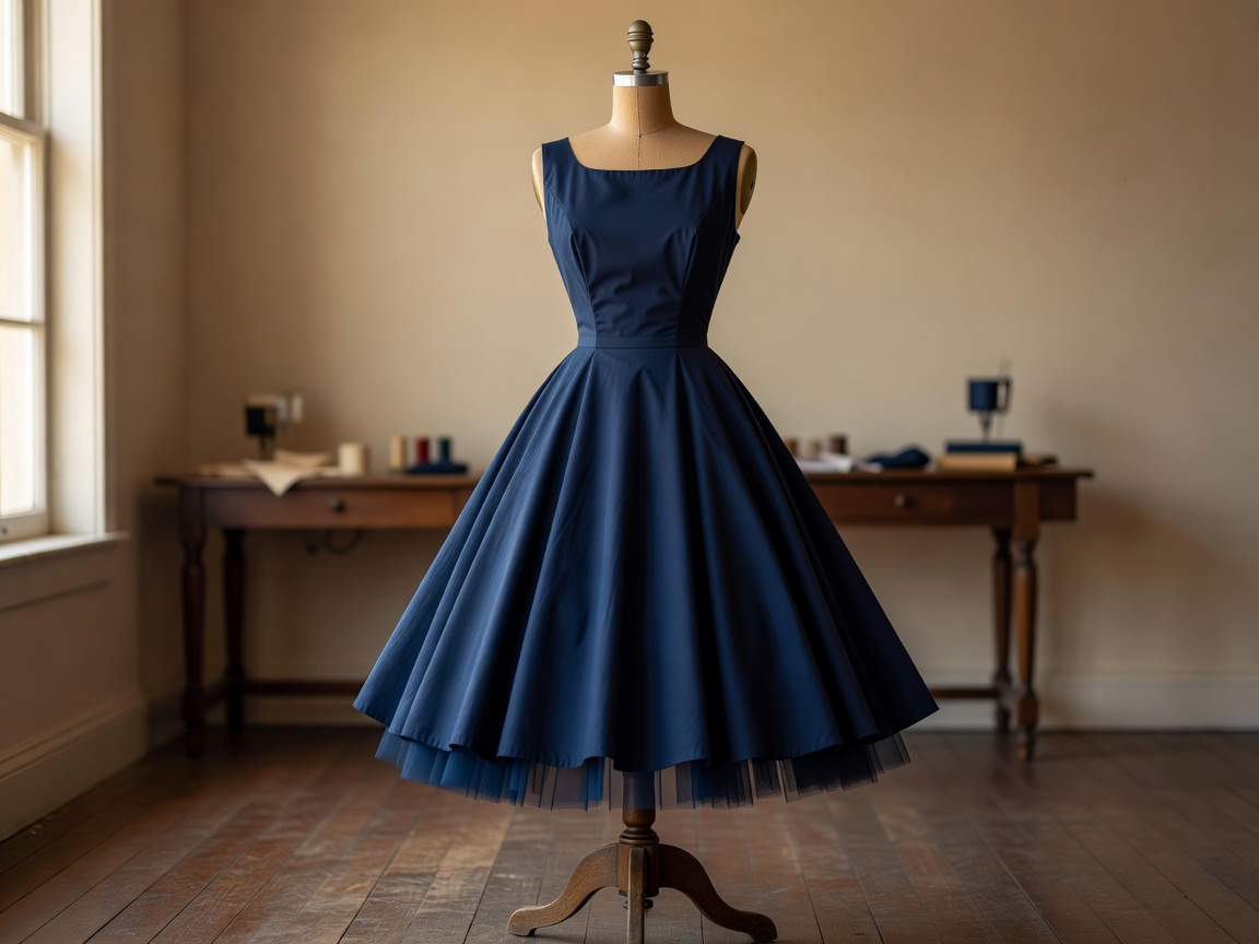 Photograph of a mid-century full-skirted dress displayed on a dress form
