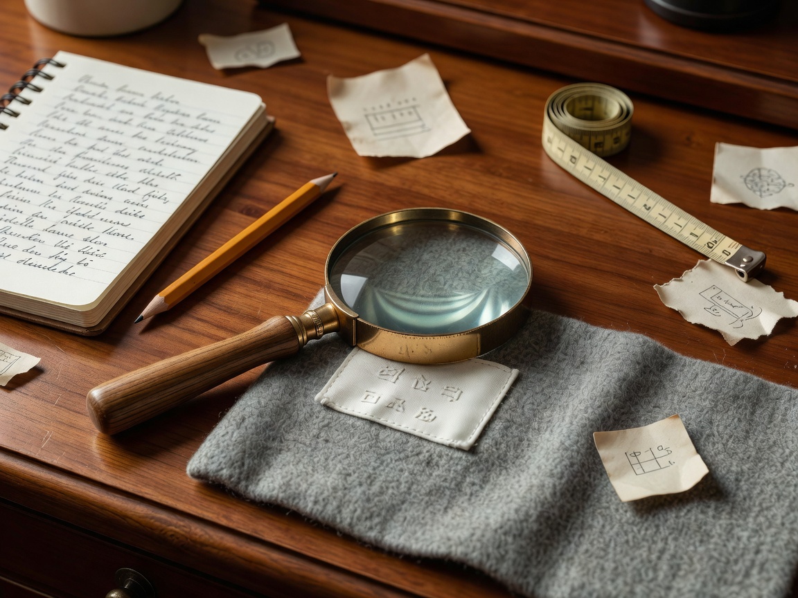 Photograph of a magnifying glass over a garment label on a wooden desk with notes and a tape measure