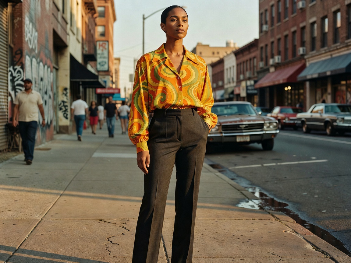Photograph of a 1970s-style patterned blouse worn with modern straight trousers